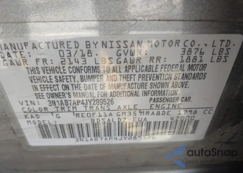 2018 Nissan Sentra Sv из США, поврежденный, VIN 3N1AB7AP4JY289526